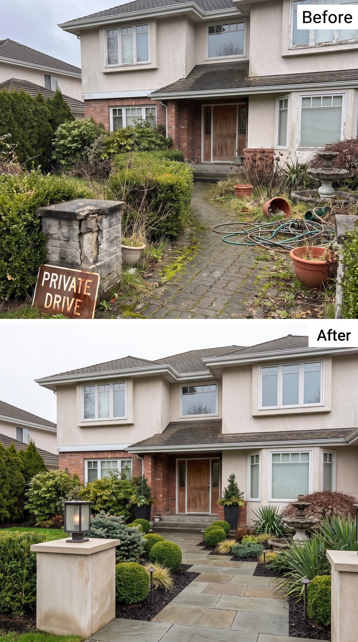 Front entry with bluestone-look pavers, clipped boxwood globes, low conifers, rebuilt pale pillar, lantern, and path lighting