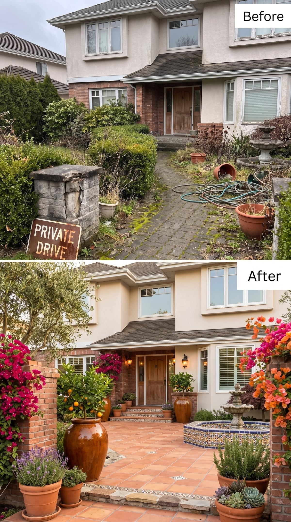 Mediterranean-inspired front entry with terracotta tile, bougainvillea, glazed urns, lavender, succulents, citrus tree, and mosaic fountain