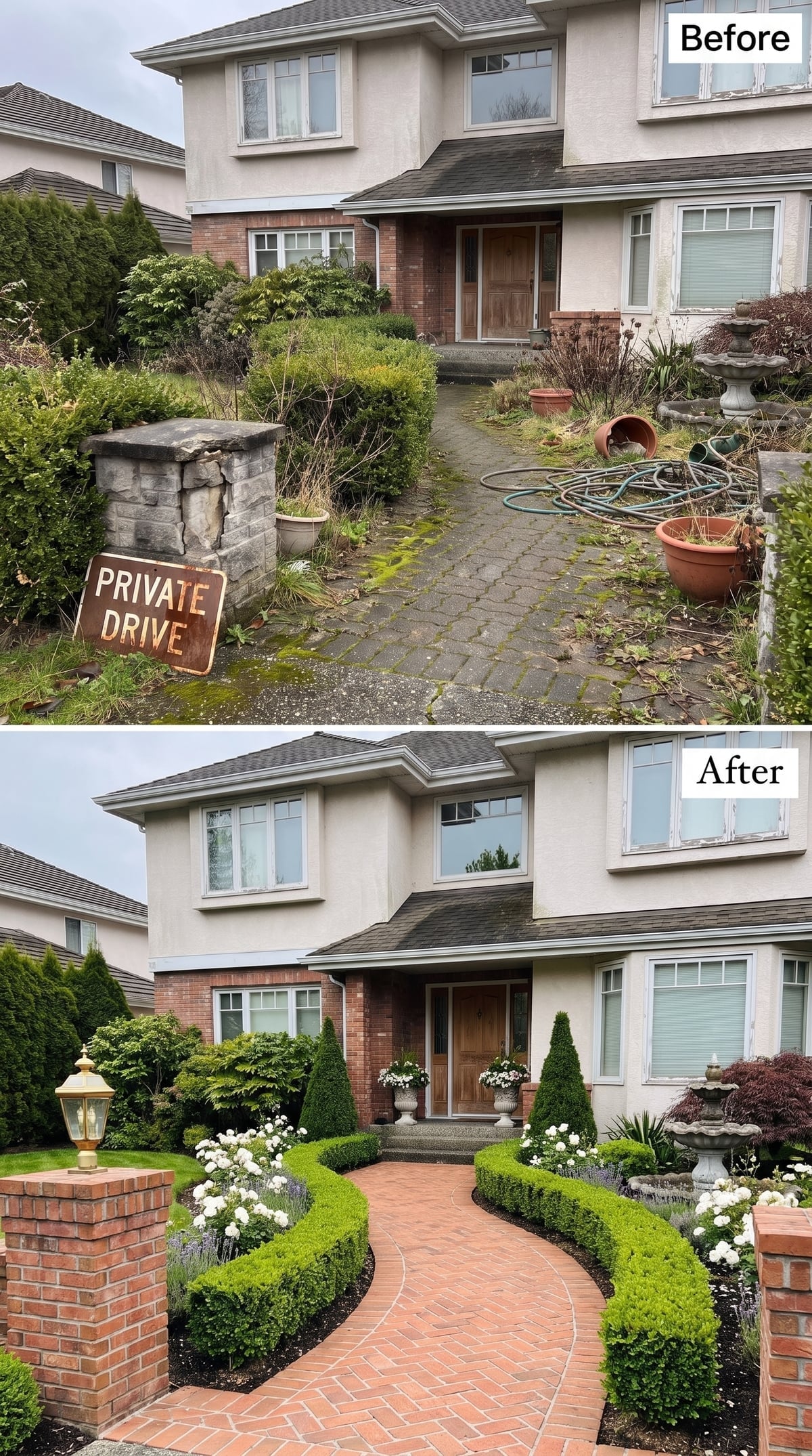 Traditional front entry with brick pillars, herringbone clay pavers, clipped boxwood hedges, cone topiary, brass lantern, and fountain