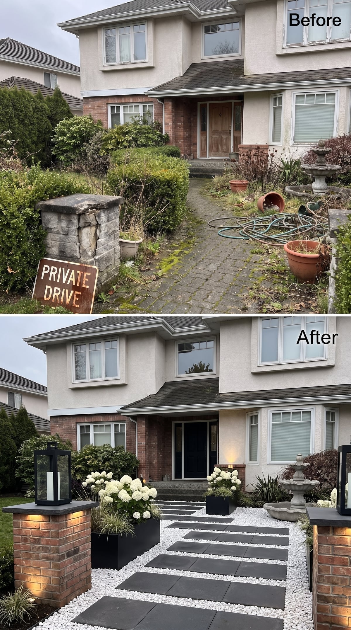 Modern front entry with charcoal square pavers, white pea gravel, black planters, white hydrangeas, pillar uplighting, and retained fountain