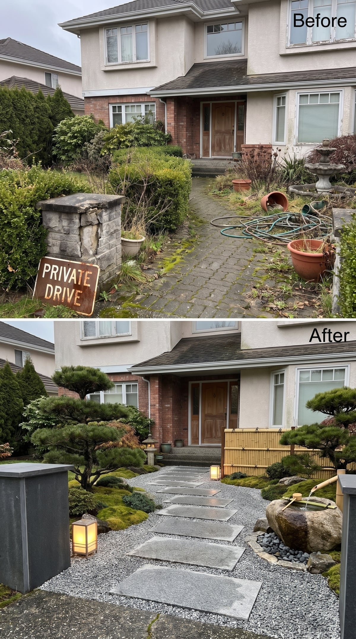 Japanese-inspired front garden with cloud-pruned pines, gravel, concrete steppers, bamboo screening, stone lanterns, and shishi-odoshi