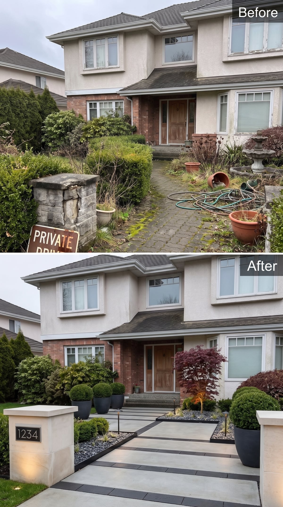 Contemporary front entry with broad concrete steps, clipped boxwood spheres, black river rock, Japanese maple, and rebuilt concrete-look pillar