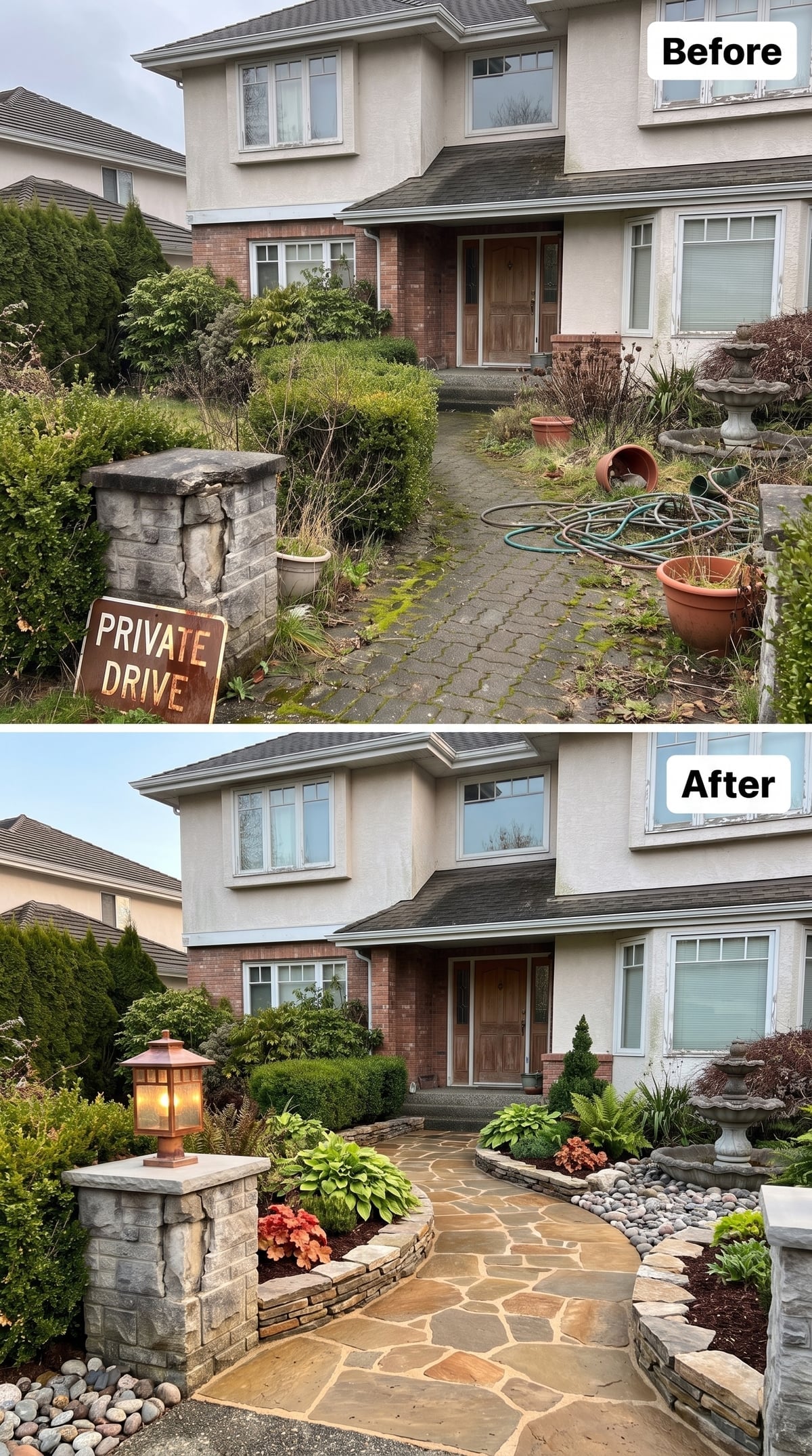 Front entry with random-pattern flagstone, raised dry-stacked stone beds, hostas, heuchera, conifers, river rock, and copper pillar lantern