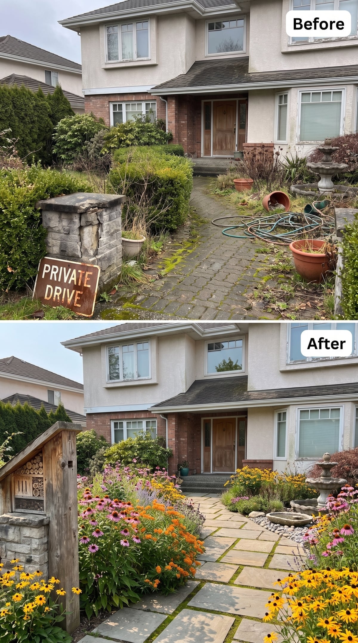 Naturalistic front garden with coneflowers, black-eyed Susans, flagstone path, ferns, and timber insect-hotel post