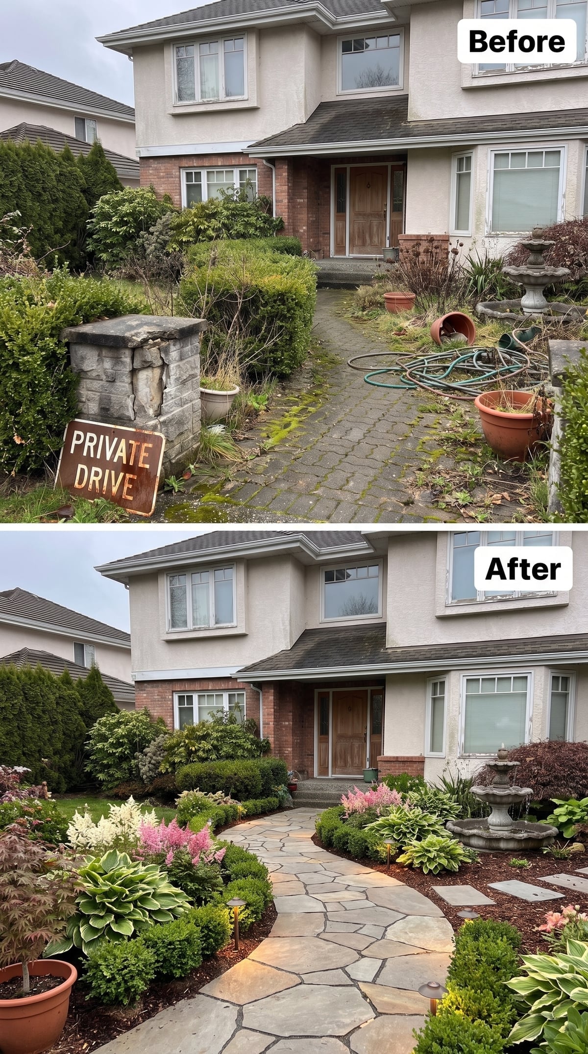 Front entry with irregular flagstone crazy paving, astilbe, hostas, boxwood, tiered fountain, and low path lights