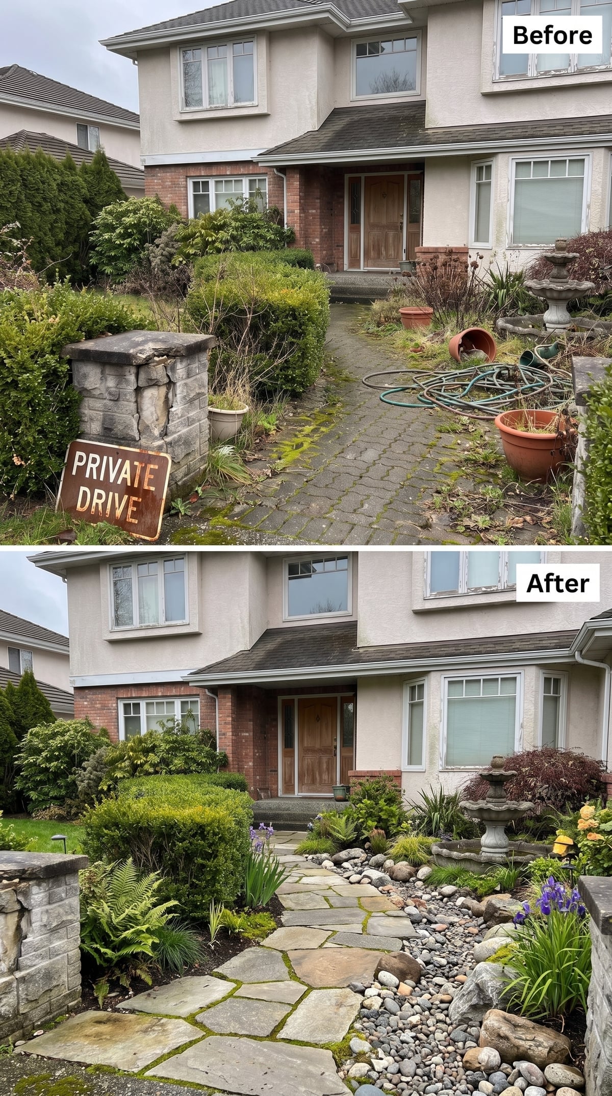 Front garden with irregular flagstone path, river rock, blue iris, ferns, Japanese maple, fountain, and retained stone pillar