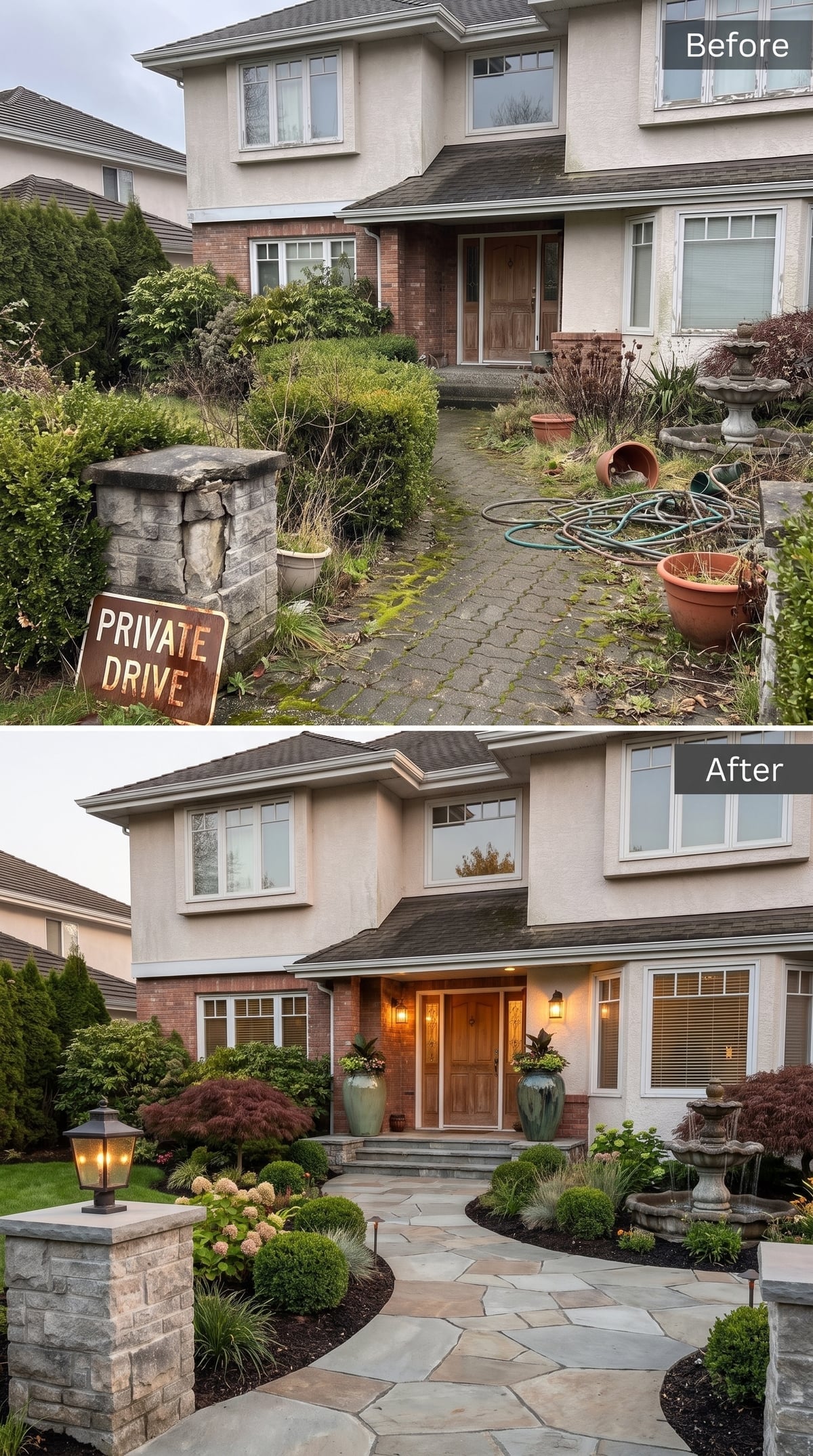 Front entry with curved flagstone walkway, stone pillar lanterns, hydrangeas, Japanese maple, clipped shrubs, dark mulch, and fountain
