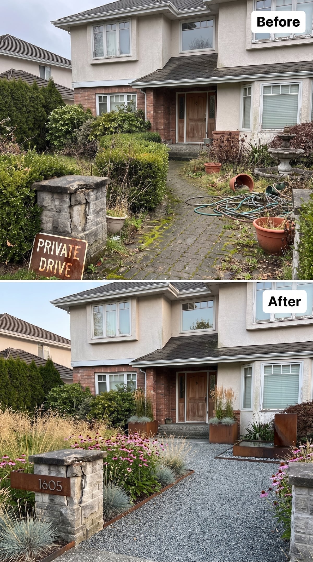 Front garden with crushed gravel path, rusted-steel edging and planters, echinacea, ornamental grasses, and updated entry pillar