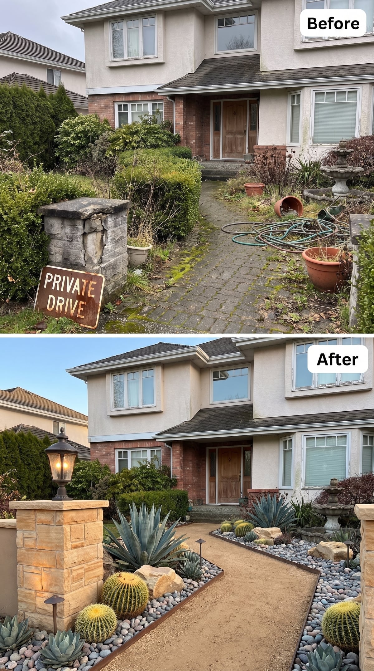 Xeriscape front entry with decomposed-granite-style path, agave, barrel cactus, succulents, boulders, river rock, Corten-style edging, and lantern-topped pillars