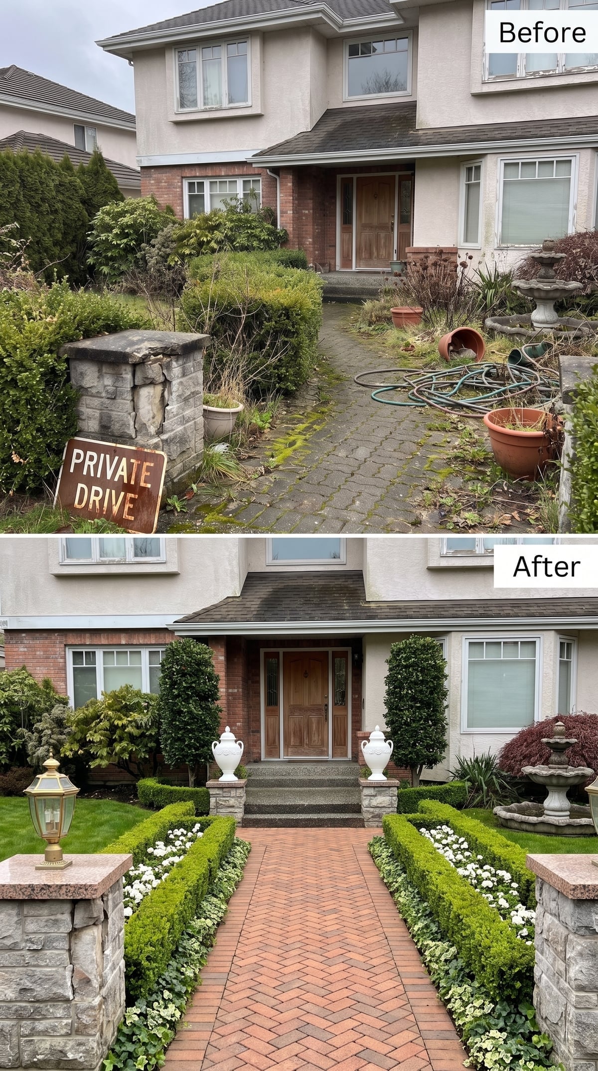 Formal front garden with herringbone brick path, clipped boxwood borders, white flowers, columnar topiary, and paired urns