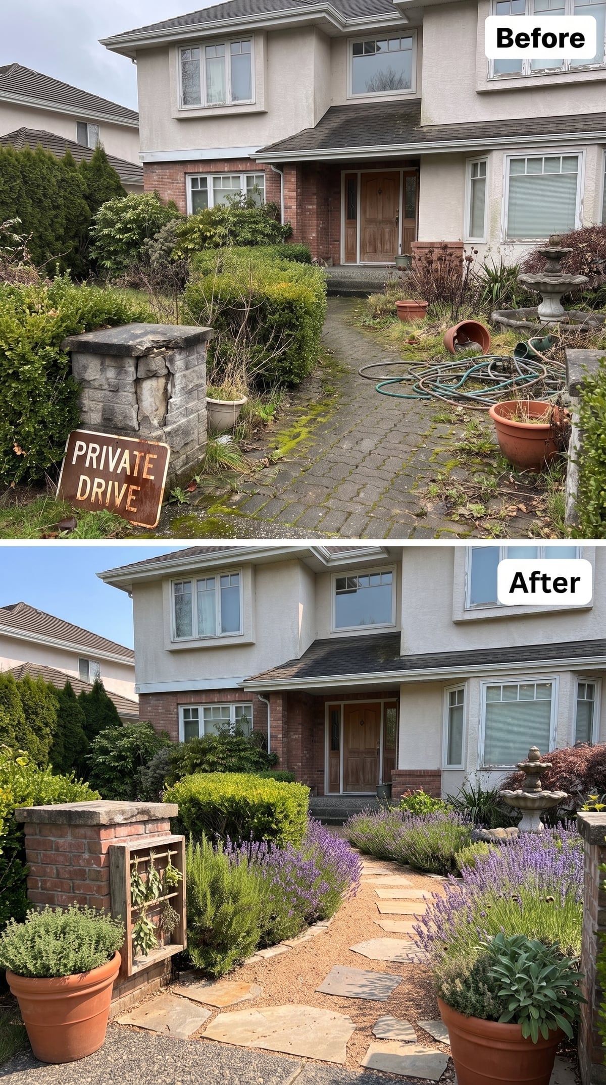 Front entry with lavender borders, flagstone steppers in decomposed granite, brick pillar, herb display, and stone fountain