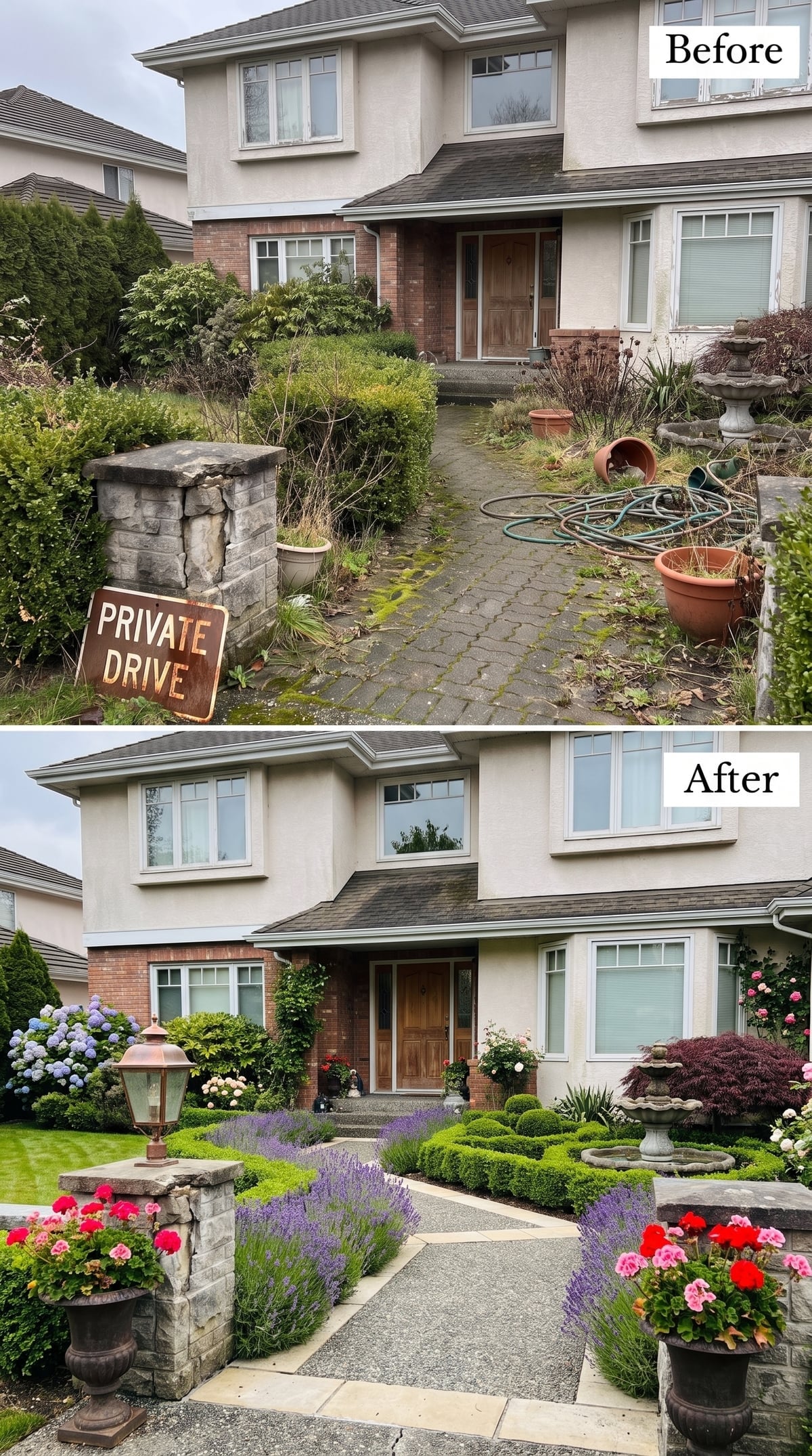 Formal front garden with lavender borders, clipped boxwood, geraniums, terracotta pots, stone pillars, and copper lantern