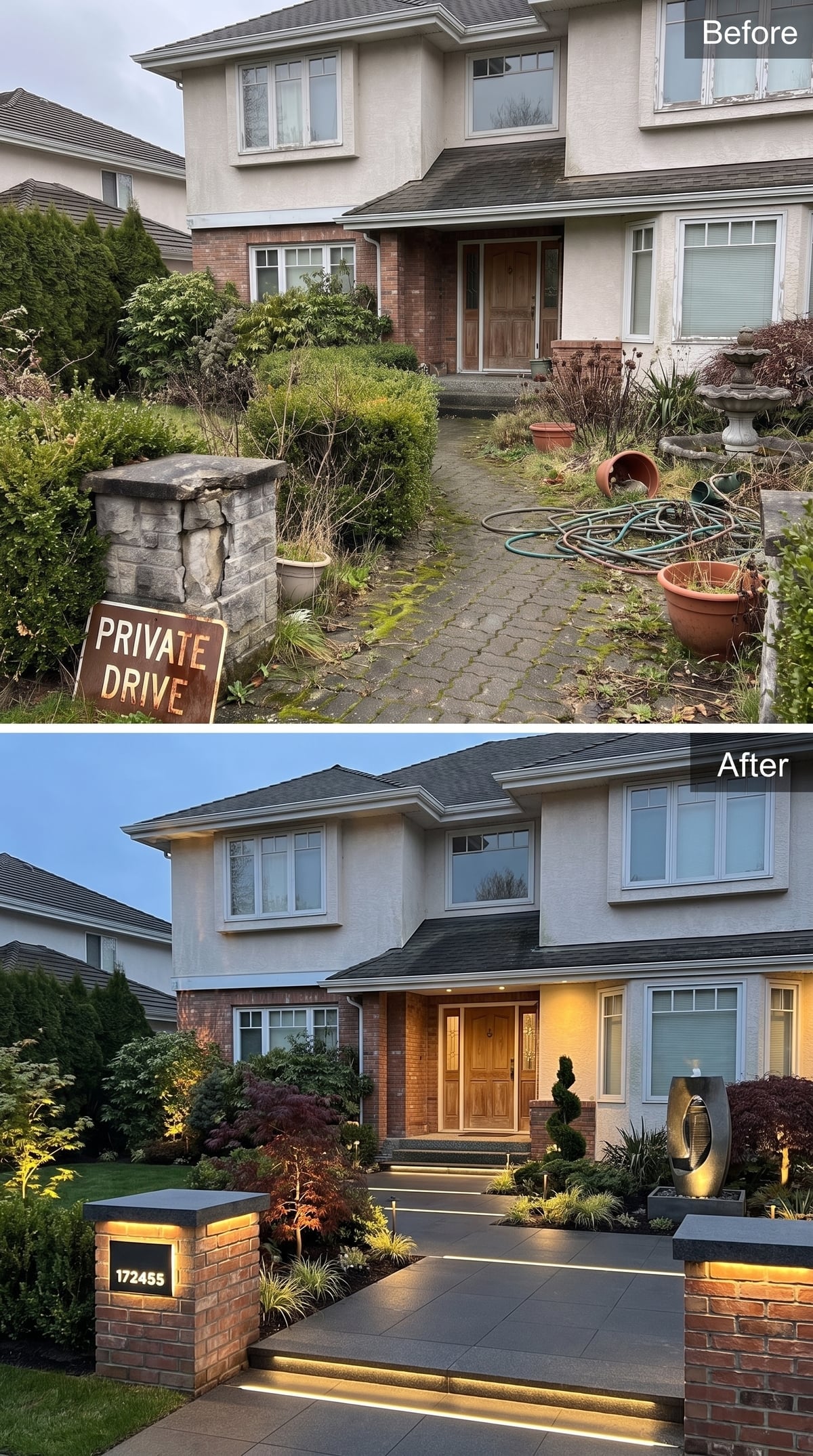 Modern front entry with LED-lit granite-look steps, rebuilt brick columns, dark sculptural water feature, topiary, and warm facade lighting
