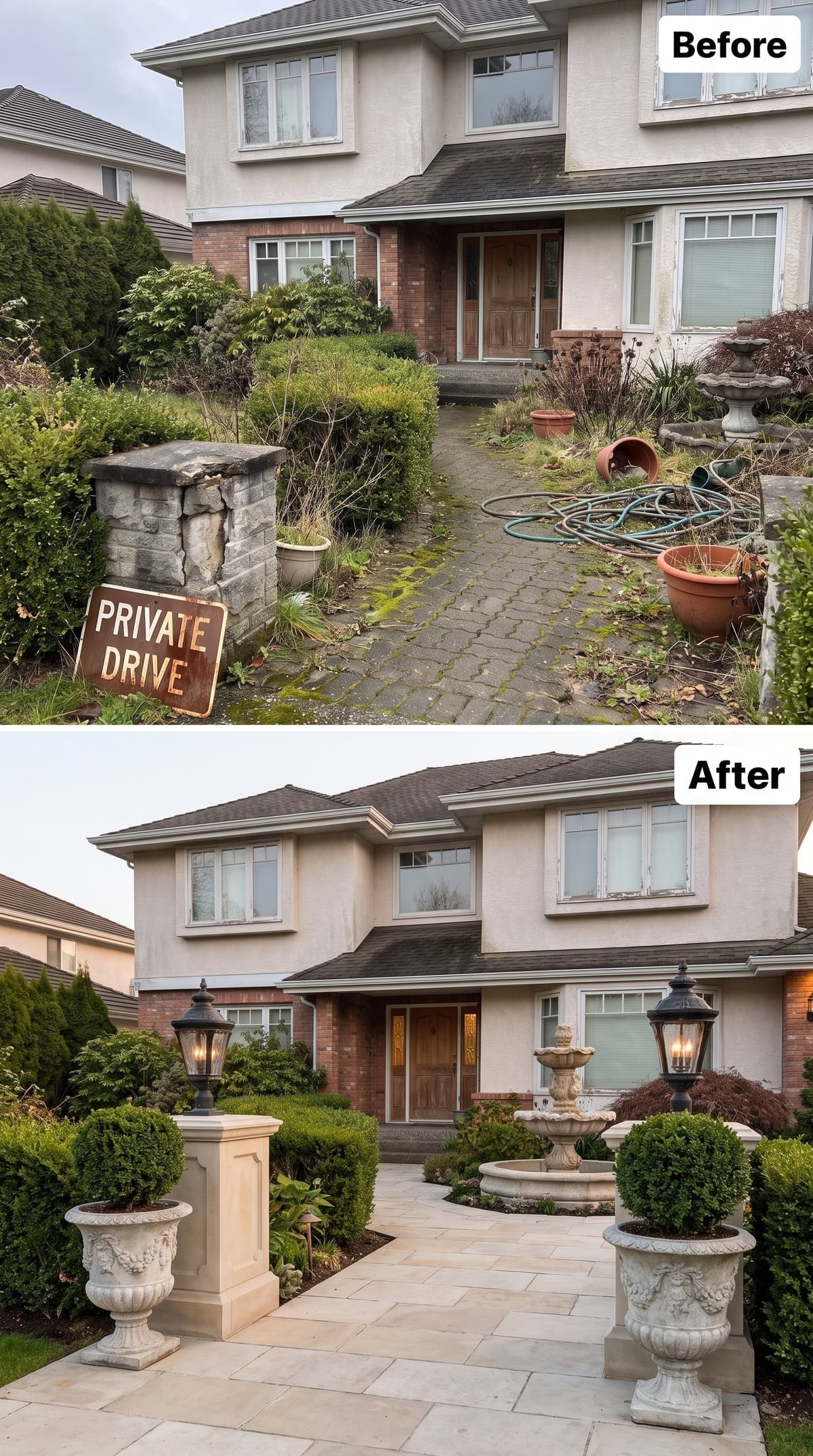 Formal front entry with cream stone pavers, lantern-topped gate pillars, cast-stone urns, fountain, clipped boxwood, and Japanese maple