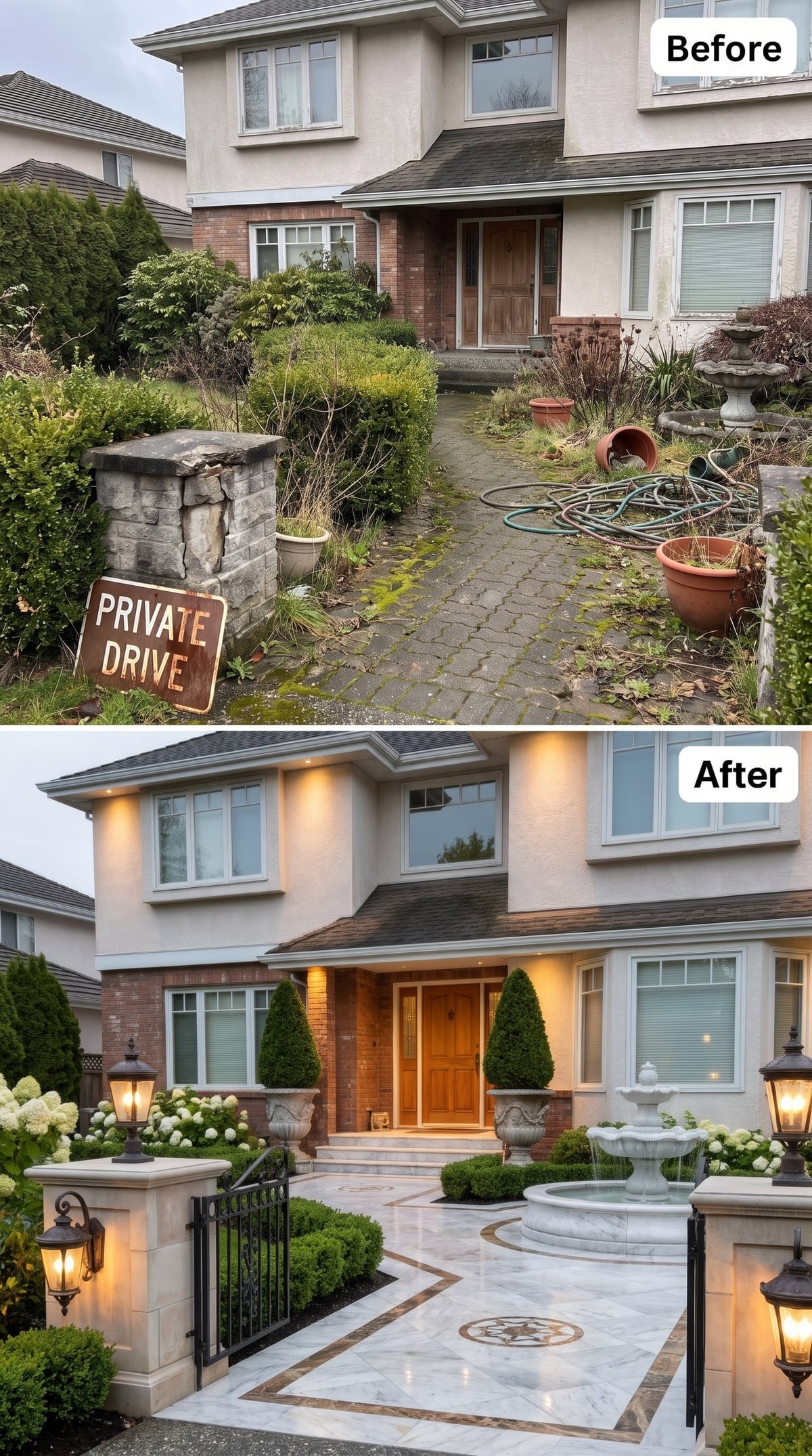Formal front courtyard with marble-look paving, wrought-iron gates, tiered fountain, topiary urns, limestone-look pillars, and hydrangeas