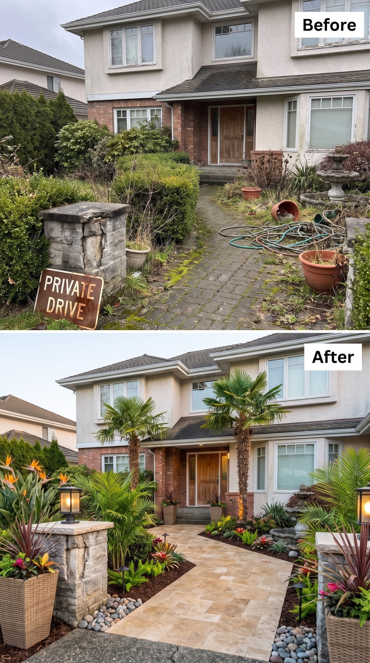 Tropical-inspired front entry with fan palms, sandy stone pavers, bird-of-paradise-like planting, river rock, and lantern-topped pillars