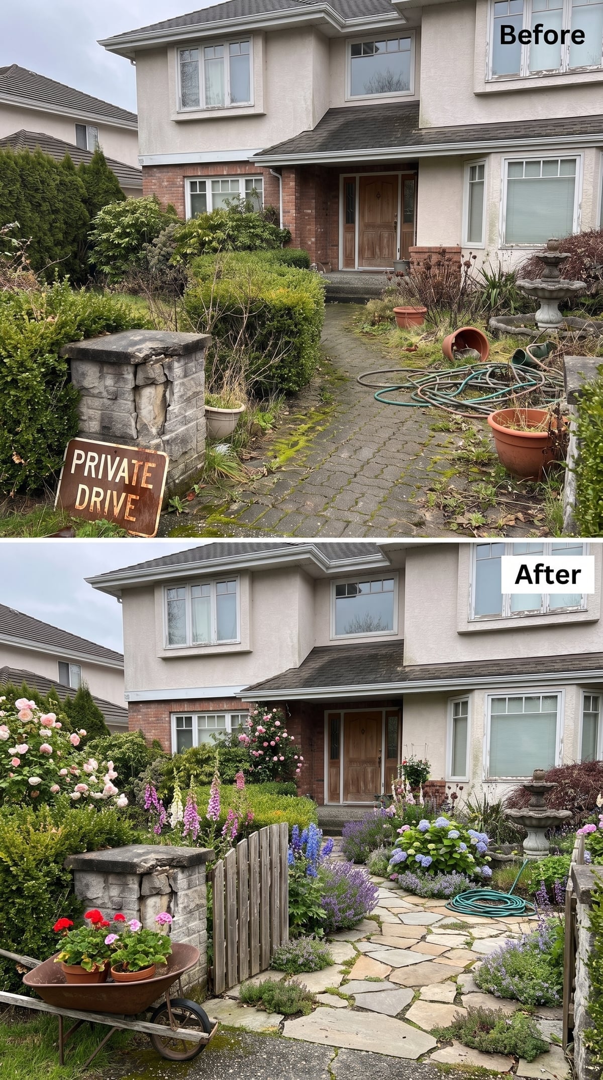 Cottage-style front garden with climbing roses, foxgloves, lavender, catmint, flagstone path, hydrangeas, fountain, and weathered timber gate