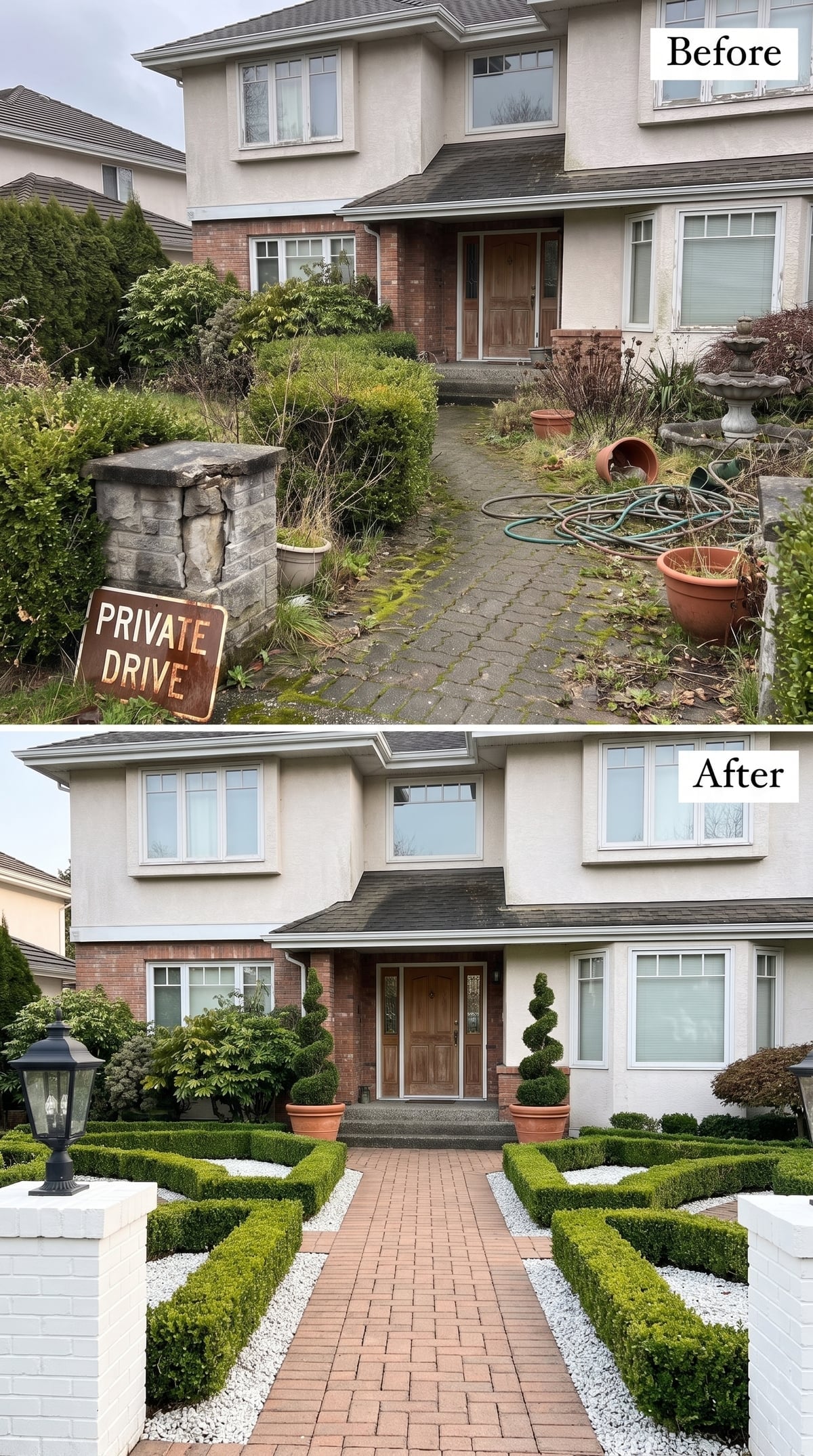 Formal front garden with spiral topiary, brick pavers, clipped boxwood parterre, white gravel, terracotta pots, and painted pillars