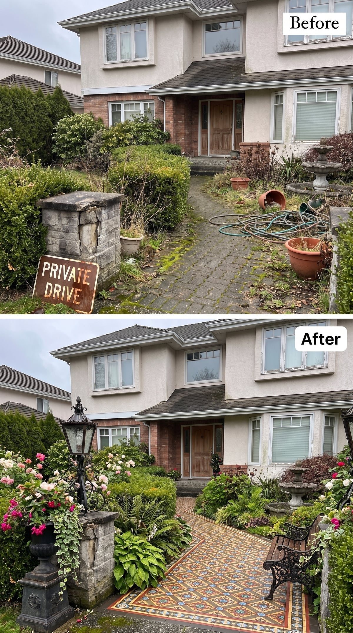 Victorian-inspired mosaic front path with wrought-iron lamp post, climbing roses, ferns, and bench