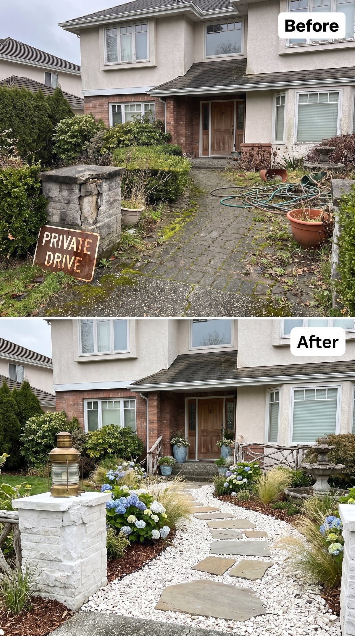 Front entry with white gravel, flat stepping stones, blue hydrangeas, ornamental grasses, and brass pillar lantern