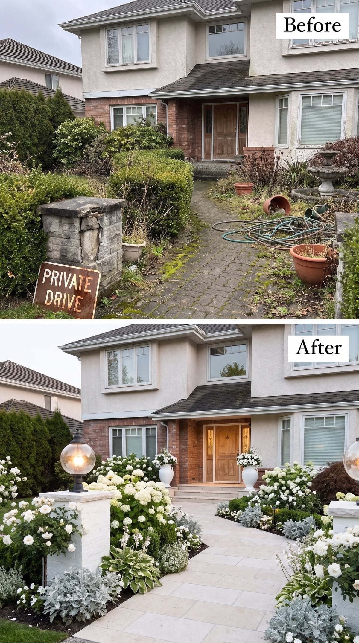Front entry with white hydrangeas, pale limestone-toned pavers, whitewashed pillar, and globe lanterns