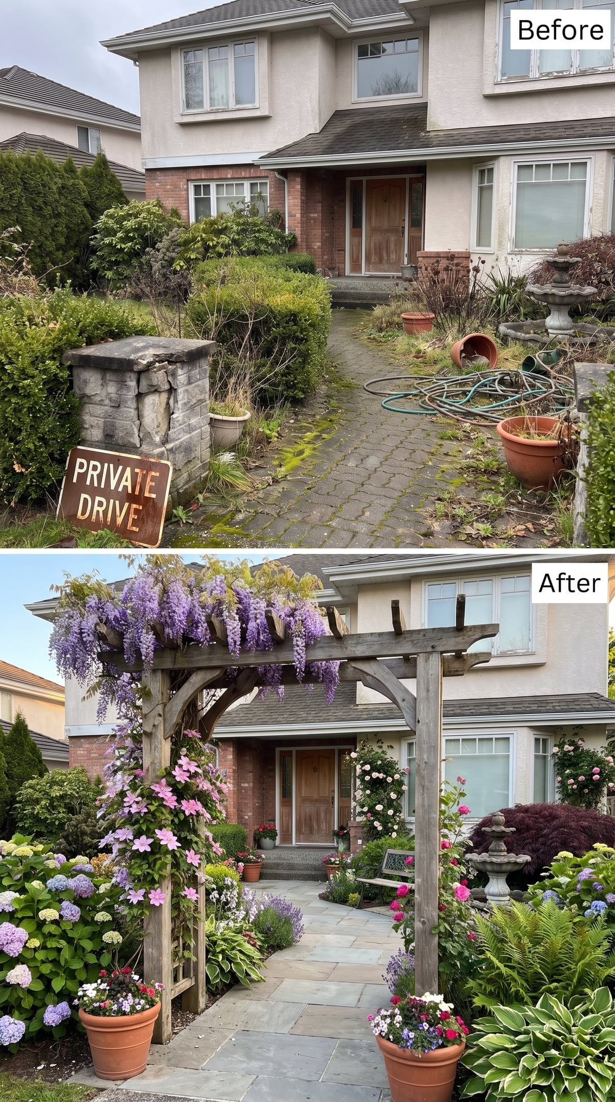 Front entry with mature wisteria pergola, bluestone-look path, clematis, hydrangeas, begonias, and lush cottage-style planting
