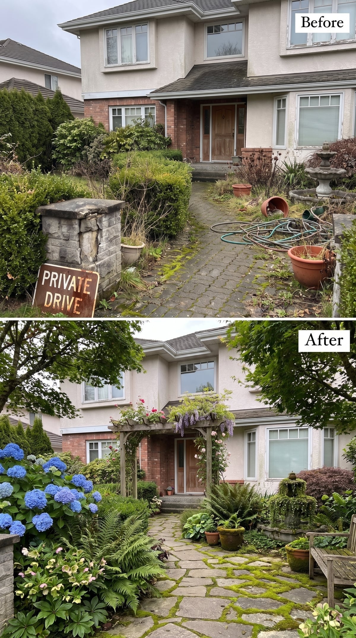 Romantic front garden with wisteria pergola, climbing roses, flagstone path, hydrangeas, Japanese maple, ferns, and urn
