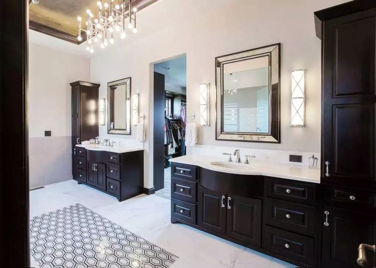 Dual Vanities and a Chandelier That Has No Business Being This Good in a Bathroom