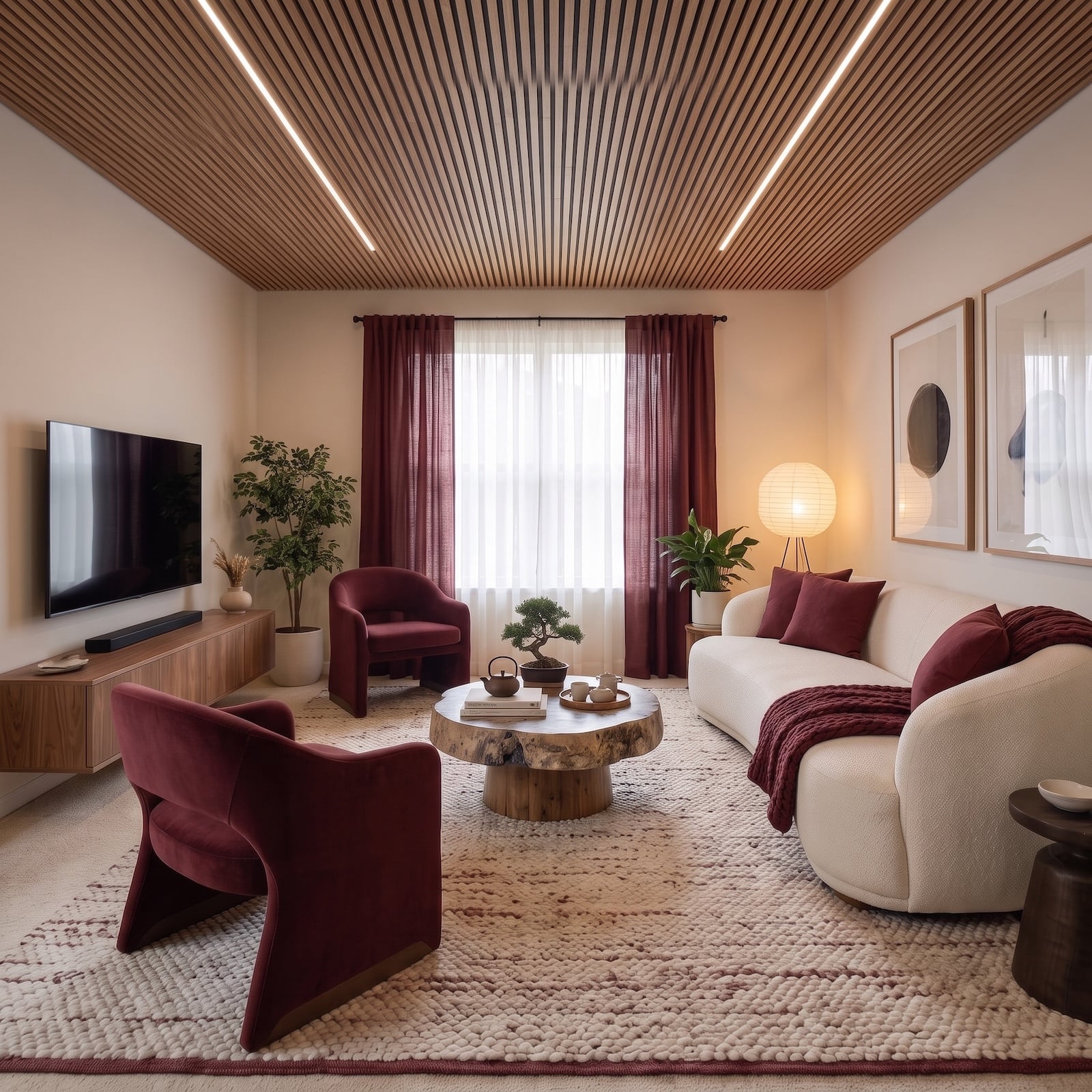 White and burgundy living room designs
