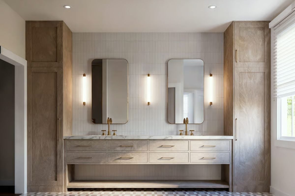 Brass Fixtures, Vertical Tile, and a Double Vanity That Earns Its Square Footage