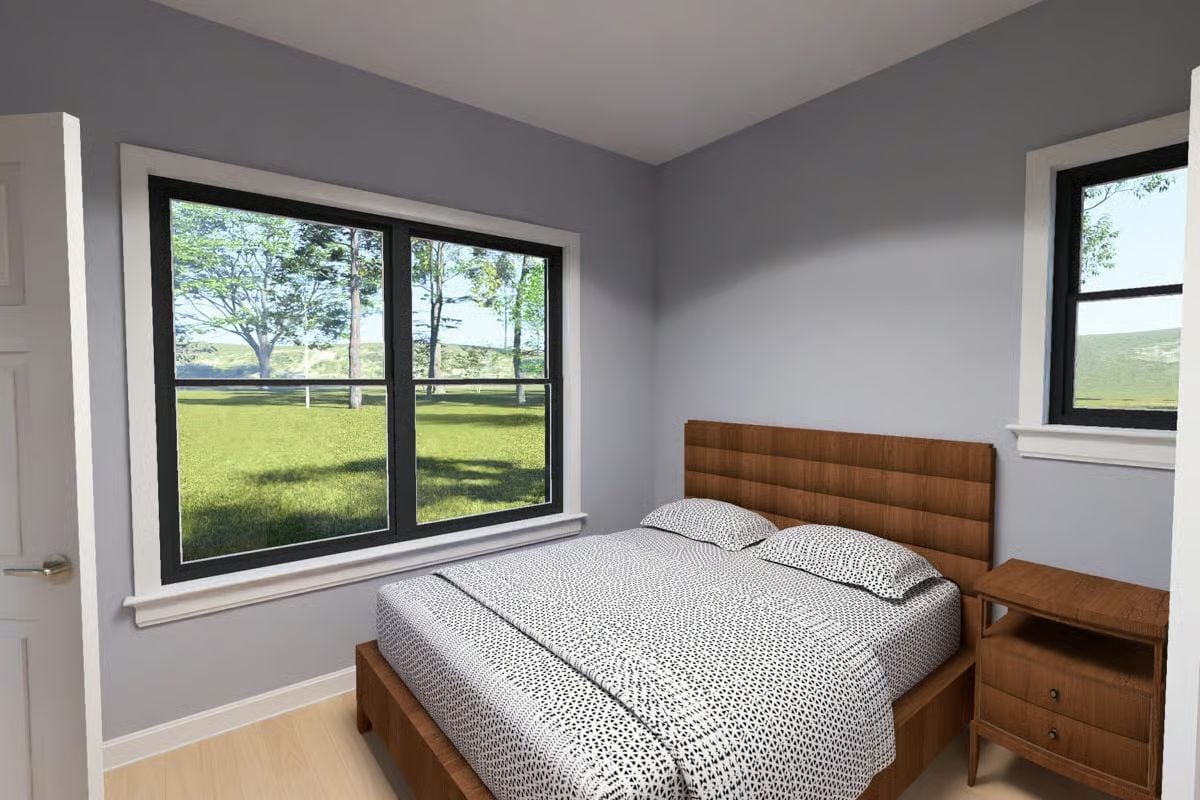 Horizontal Headboard, Gray Walls, and a View That Earns Its Keep