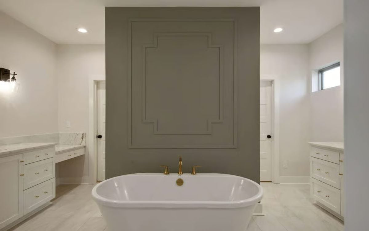 Gold Faucet, Molding Panel, Freestanding Tub: Bathroom With Actual Visual Ambition