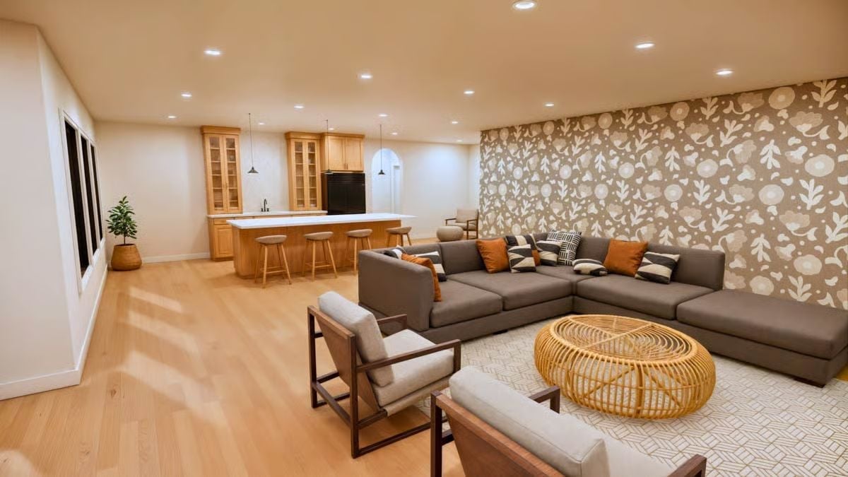 Floral Wallpaper and a Rattan Coffee Table Walk Into a Basement Bar Situation