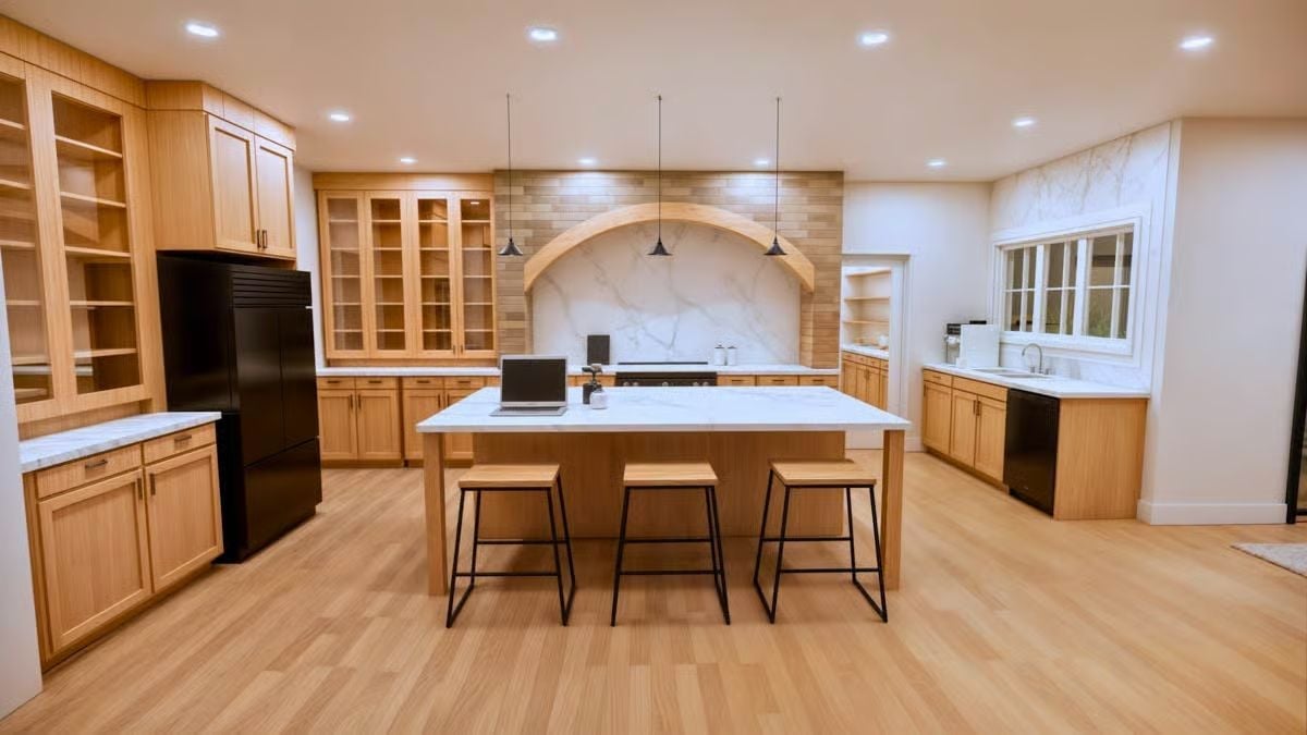 Light Wood and Marble Find Their Footing Around a Kitchen Island Built to Work