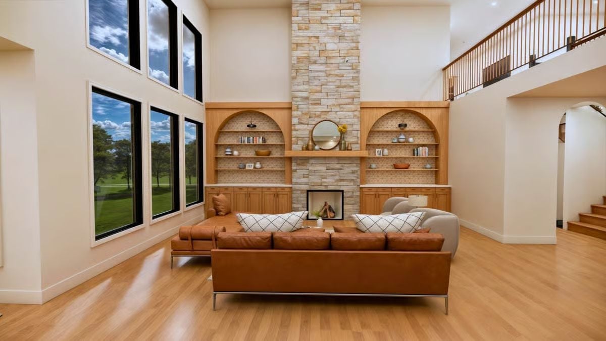 Stacked Stone, Arched Alcoves, and a Leather Sofa That Earns Its Square Footage