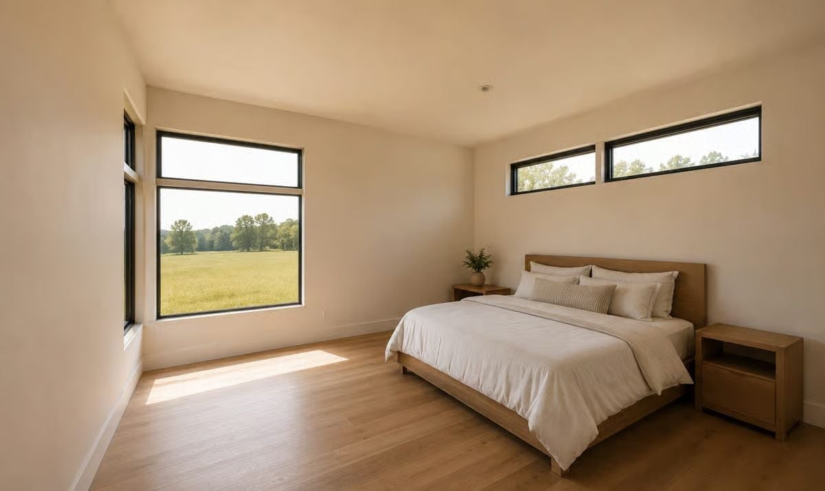 Clerestory Strip Windows Pull Morning Light Into a Bedroom Built for Rest