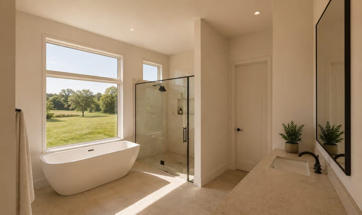 Freestanding Soaker Tub Framed by a Meadow View You Won't Find in the City