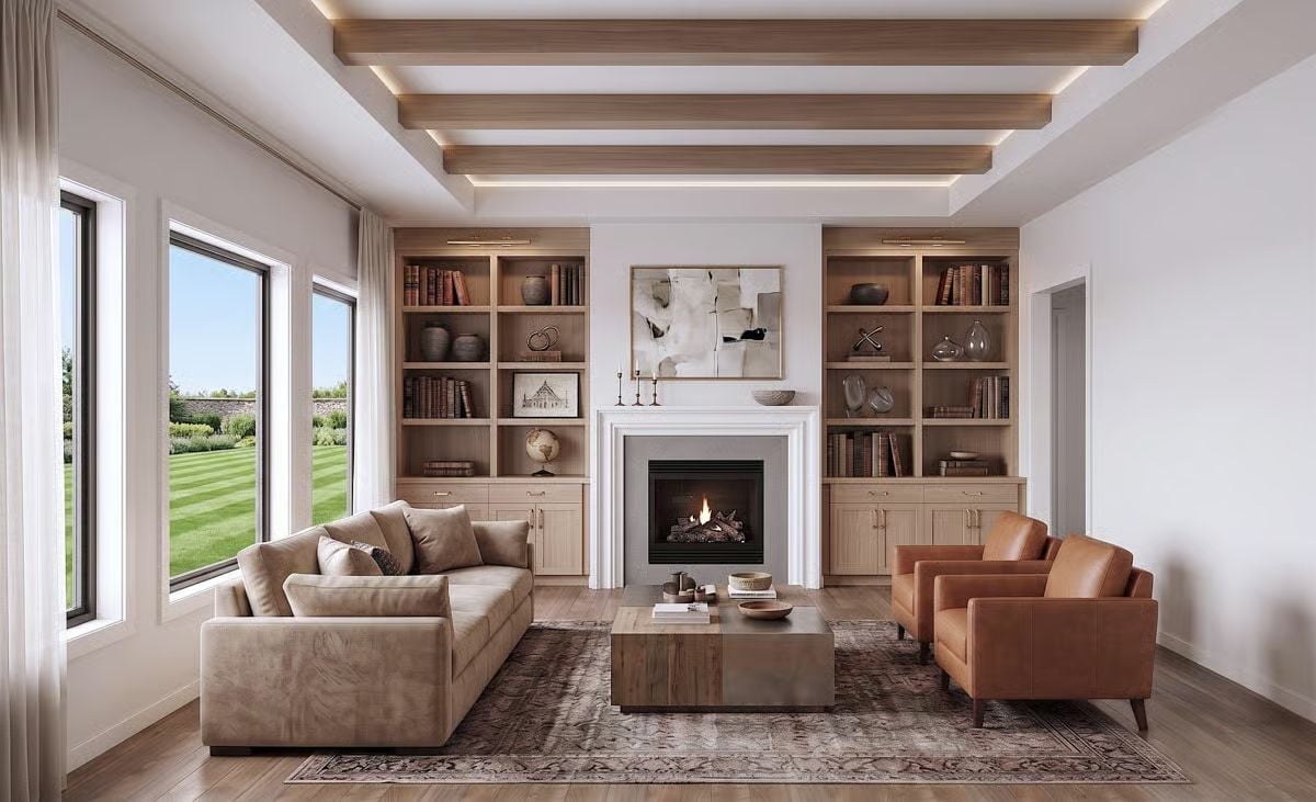 Built-In Shelving and a Lit Fireplace Do the Heavy Lifting Here