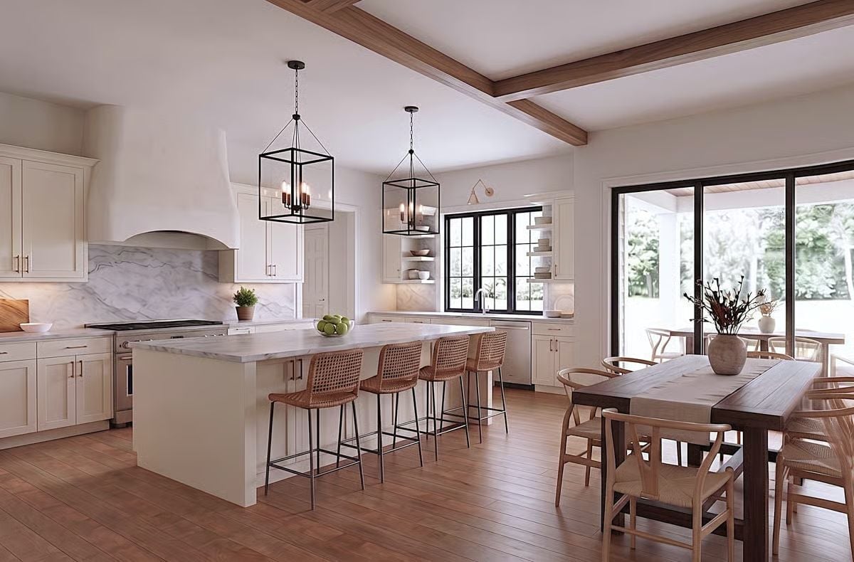 Woven Barstools and Marble That Mean Business Pull This Kitchen Together