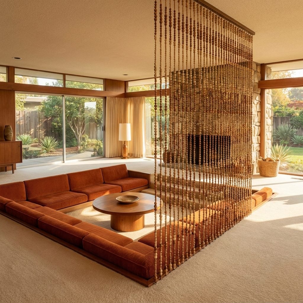 Wooden-bead divider framing a 1970s conversation pit