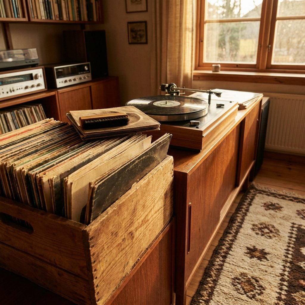 The Wooden Crate of Records Standing Guard Beside the Turntable