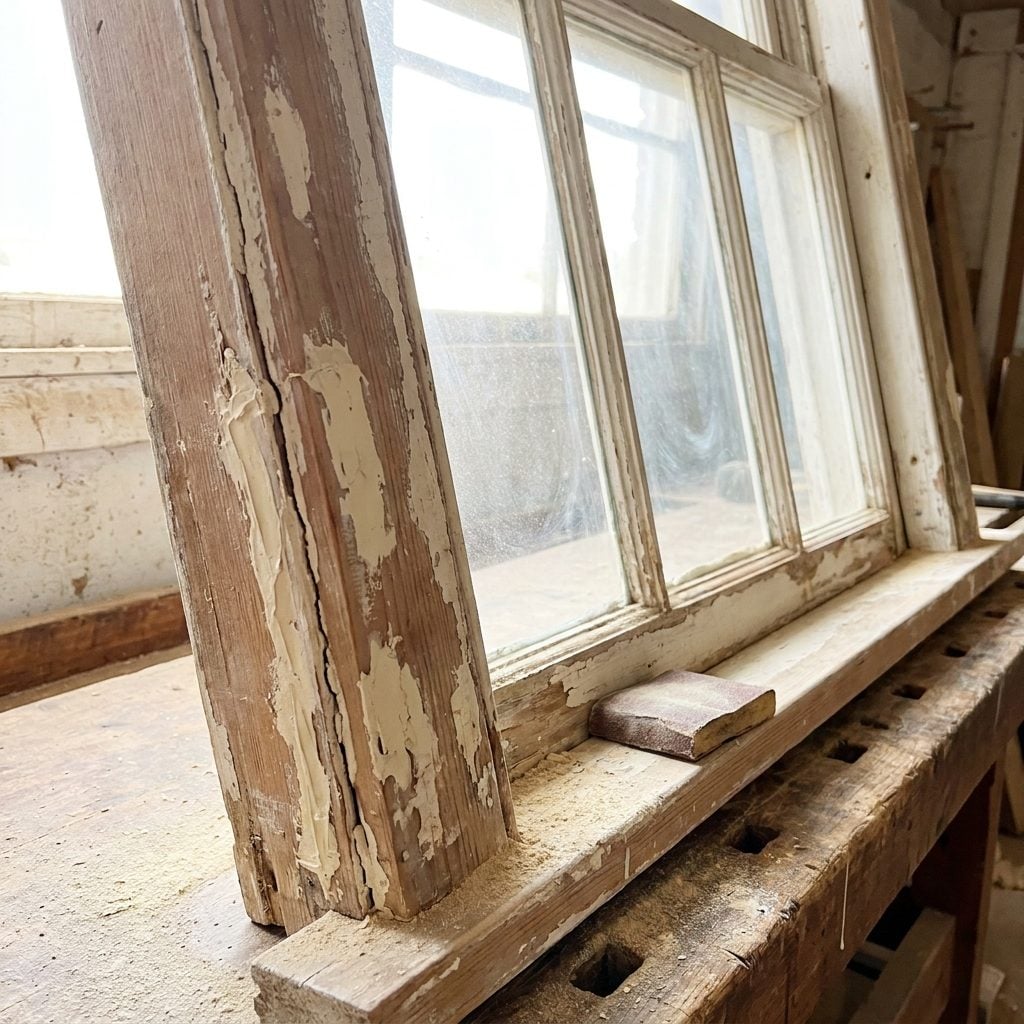 Wooden Window Frames Filled, Sanded, and Repainted