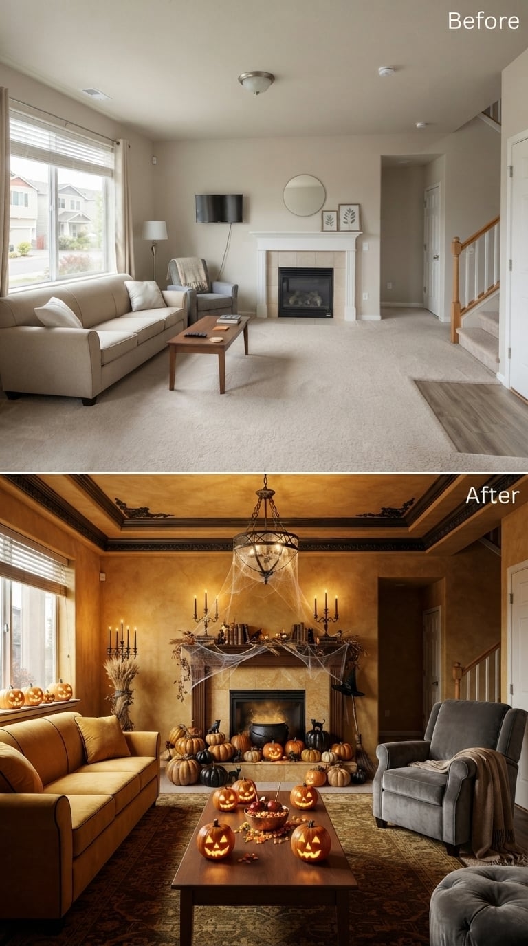 Amber Plaster Walls and a Cauldron-Packed Hearth Gave This Living Room Full Halloween Harvest