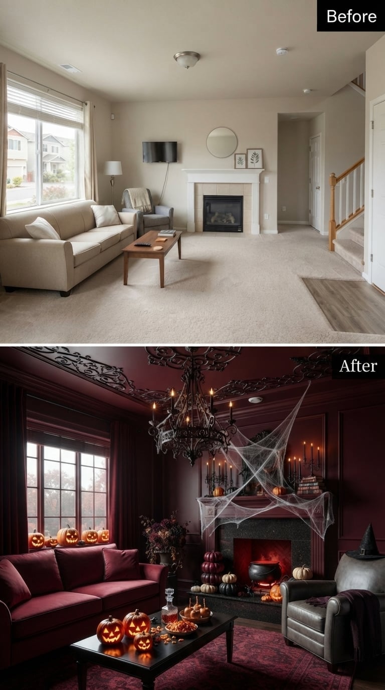 Burgundy Walls and a Cauldron-Lit Hearth Pulled This Living Room Into Full Halloween Witchcraft