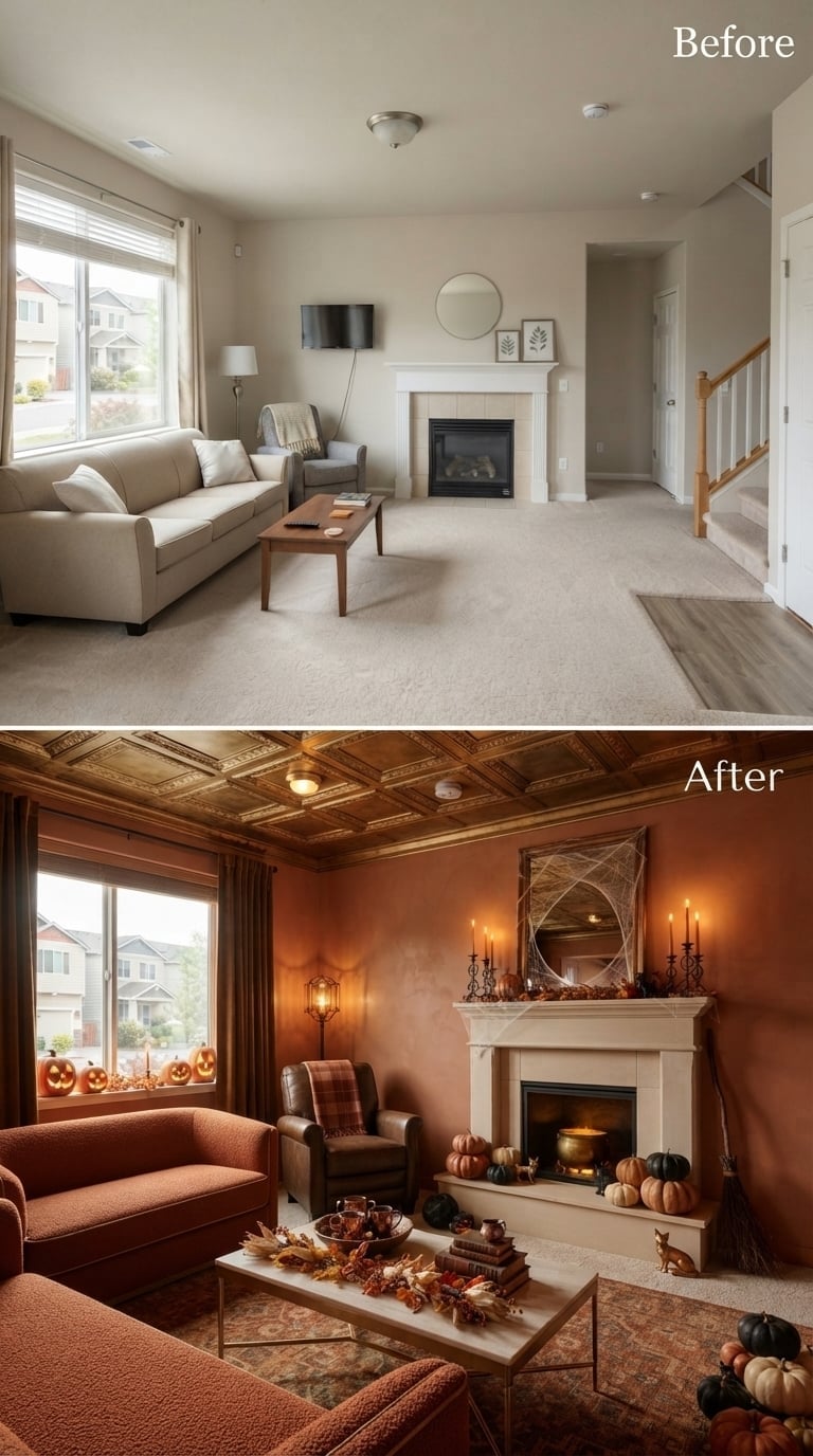 Burnt Sienna Walls and a Coffered Ceiling Turned This Living Room Eerie