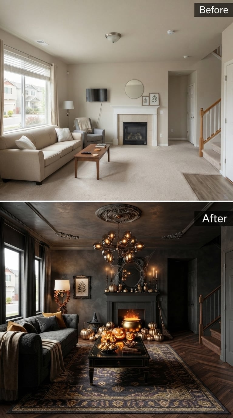 Charcoal Plaster Walls and a Cauldron-Lit Hearth Gave This Living Room Full Gothic Harvest