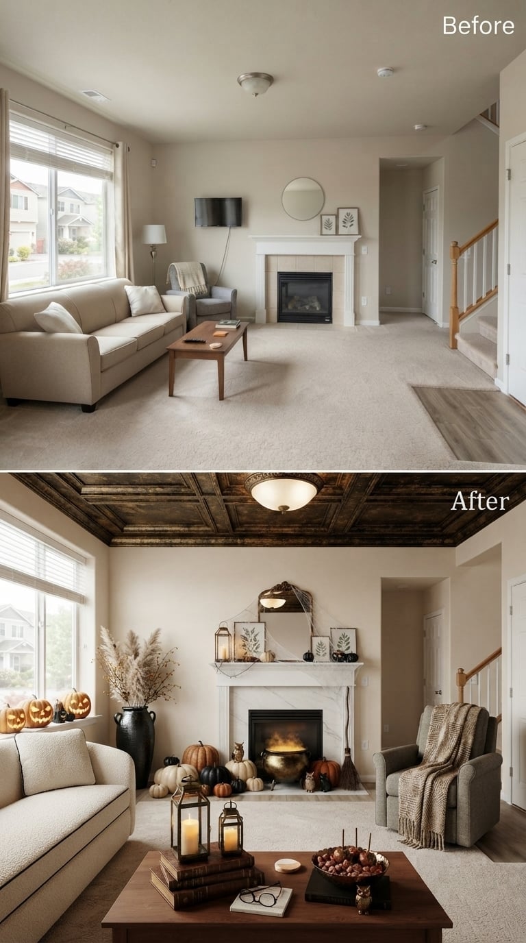 Coffered Ceiling in Dark-Stained Wood Made This Cauldron Display Feel Ancient