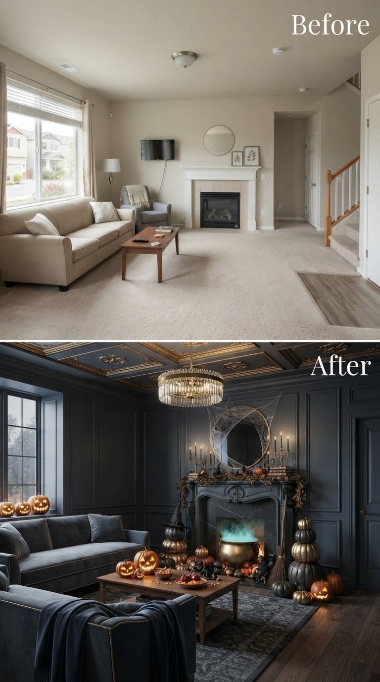Coffered Ceiling, Velvet Sofas, and a Smoking Cauldron Turned This Space Full Halloween