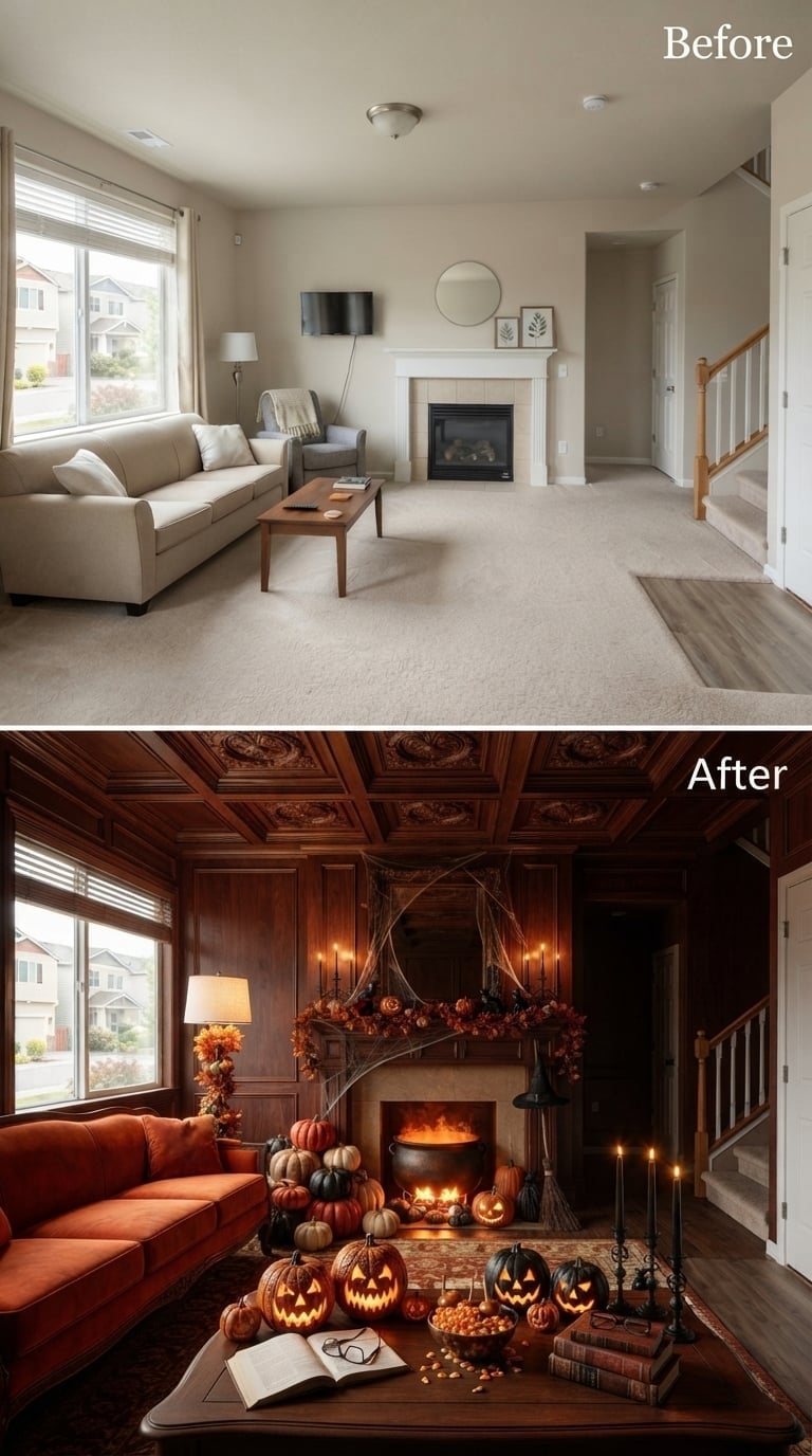 Coffered Mahogany Ceiling and a Cauldron-Lit Hearth Pushed This Room Deep Into Halloween