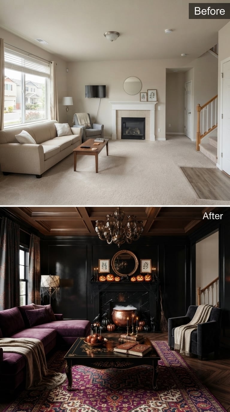 Coffered Mahogany Ceiling and Glowing Jack-o'-Lanterns Pulled This Room Into Full Witch-House